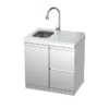 Product Parameters 1. Material: 304SS 2. Countertop: White quartz stone 3. Product dimensions: 32.7''Length × 22.7''Width × 35.4''Height 4. Features: 304 stainless steel luxury pull-out faucet, stainless steel sink 5. Wheels: 4 x 2.5-inch adjustable casters