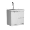 Product Parameters 1. Material: 304SS 2. Countertop: White quartz stone 3. Product dimensions: 32.7''Length × 22.7''Width × 35.4''Height 4. Features: 304 stainless steel luxury pull-out faucet, stainless steel sink 5. Wheels: 4 x 2.5-inch adjustable casters