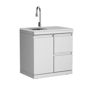 Product Parameters 1. Material: 304SS 2. Countertop: White quartz stone 3. Product dimensions: 32.7''Length × 22.7''Width × 35.4''Height 4. Features: 304 stainless steel luxury pull-out faucet, stainless steel sink 5. Wheels: 4 x 2.5-inch adjustable casters