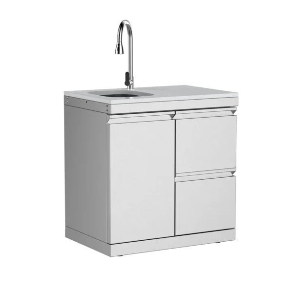 Product Parameters 1. Material: 304SS 2. Countertop: White quartz stone 3. Product dimensions: 32.7''Length × 22.7''Width × 35.4''Height 4. Features: 304 stainless steel luxury pull-out faucet, stainless steel sink 5. Wheels: 4 x 2.5-inch adjustable casters