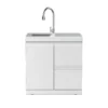 Product Parameters 1. Material: 304SS 2. Countertop: White quartz stone 3. Product dimensions: 32.7''Length × 22.7''Width × 35.4''Height 4. Features: 304 stainless steel luxury pull-out faucet, stainless steel sink 5. Wheels: 4 x 2.5-inch adjustable casters
