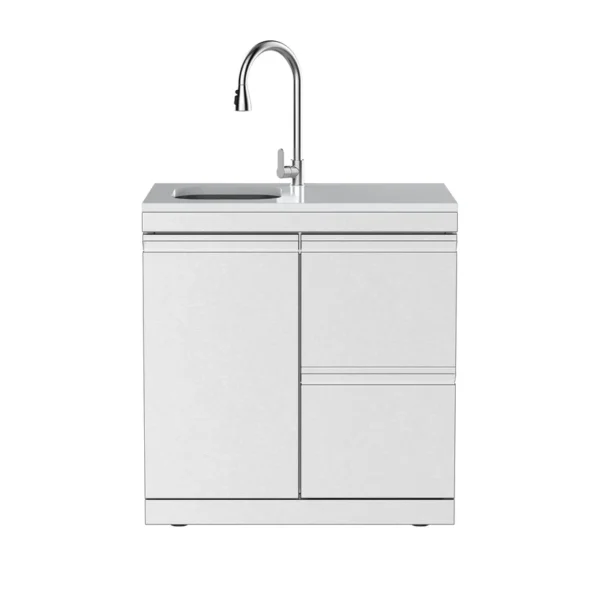 Product Parameters 1. Material: 304SS 2. Countertop: White quartz stone 3. Product dimensions: 32.7''Length × 22.7''Width × 35.4''Height 4. Features: 304 stainless steel luxury pull-out faucet, stainless steel sink 5. Wheels: 4 x 2.5-inch adjustable casters