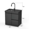 Product Parameters 1. Material: 304SS 2. Countertop: White quartz stone 3. Product dimensions: 32.7''Length × 22.7''Width × 35.4''Height 4. Features: 304 stainless steel luxury pull-out faucet, stainless steel sink 5. Wheels: 4 x 2.5-inch adjustable casters