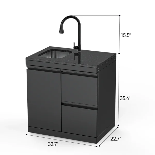 Product Parameters 1. Material: 304SS 2. Countertop: White quartz stone 3. Product dimensions: 32.7''Length × 22.7''Width × 35.4''Height 4. Features: 304 stainless steel luxury pull-out faucet, stainless steel sink 5. Wheels: 4 x 2.5-inch adjustable casters