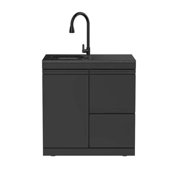 Product Parameters 1. Material: 304SS 2. Countertop: White quartz stone 3. Product dimensions: 32.7''Length × 22.7''Width × 35.4''Height 4. Features: 304 stainless steel luxury pull-out faucet, stainless steel sink 5. Wheels: 4 x 2.5-inch adjustable casters