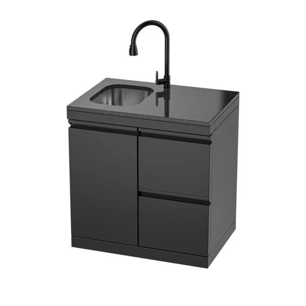 Product Parameters 1. Material: 304SS 2. Countertop: White quartz stone 3. Product dimensions: 32.7''Length × 22.7''Width × 35.4''Height 4. Features: 304 stainless steel luxury pull-out faucet, stainless steel sink 5. Wheels: 4 x 2.5-inch adjustable casters