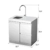 Product Parameters 1. Material: 304SS 2. Countertop: White quartz stone 3. Product dimensions: 32.7''Length × 22.7''Width × 35.4''Height 4. Features: 304 stainless steel luxury pull-out faucet, stainless steel sink 5. Wheels: 4 x 2.5-inch adjustable casters