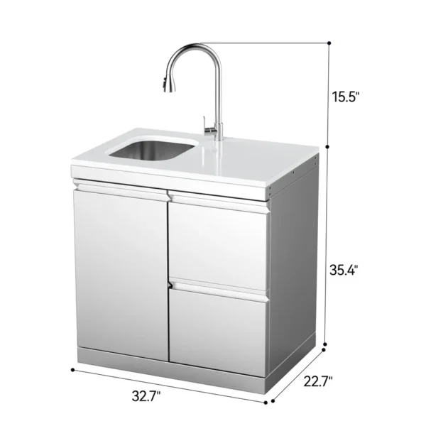 Product Parameters 1. Material: 304SS 2. Countertop: White quartz stone 3. Product dimensions: 32.7''Length × 22.7''Width × 35.4''Height 4. Features: 304 stainless steel luxury pull-out faucet, stainless steel sink 5. Wheels: 4 x 2.5-inch adjustable casters